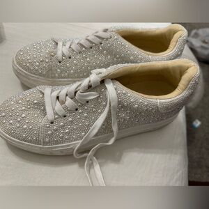Betsey Johnson White Pearl Embellished Sneakers